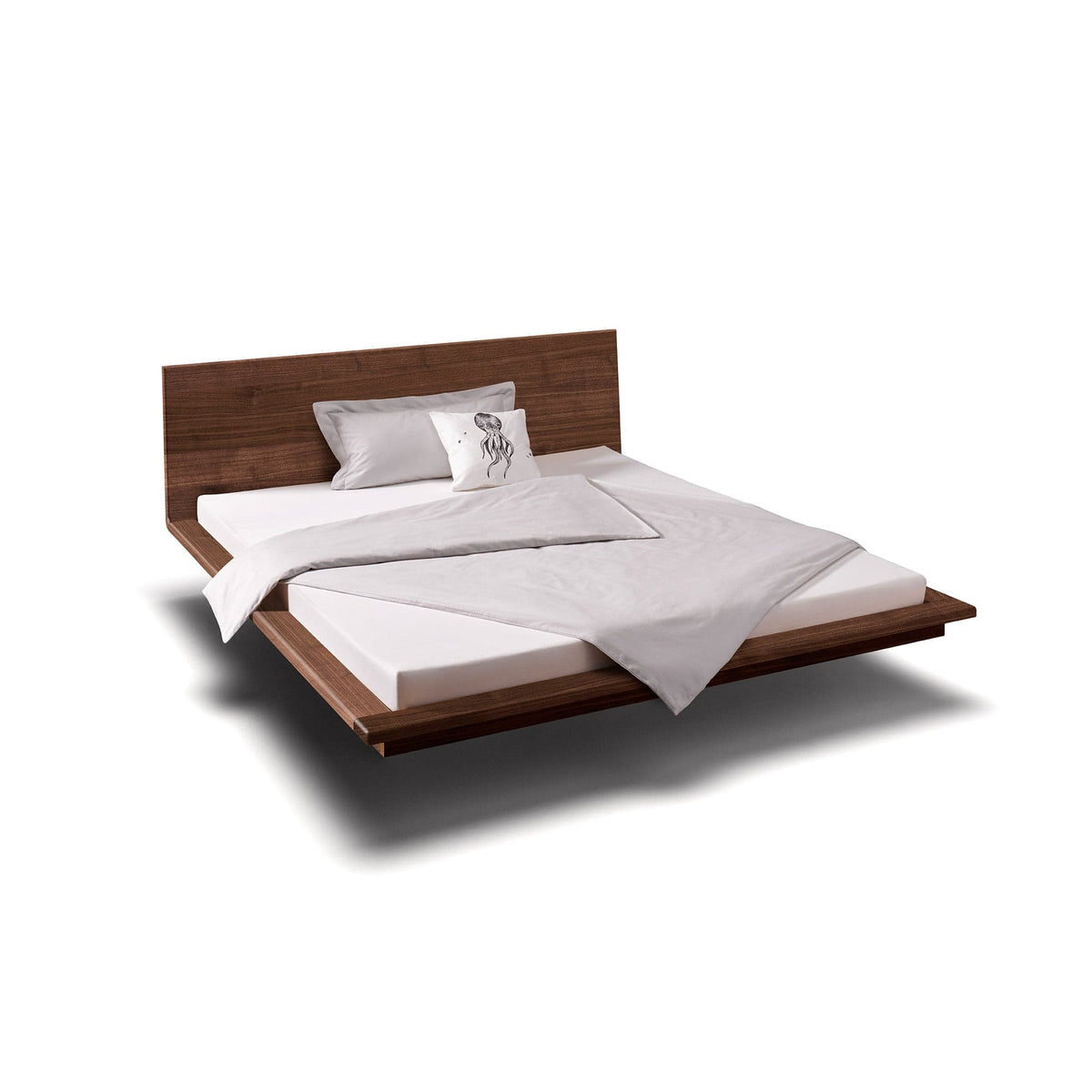 Schwebende Betten der Holzmanufaktur: Hier das Schwebebett MATIS ist ein hochwertiges, Designerbett aus Nussbaum im Futonstil.