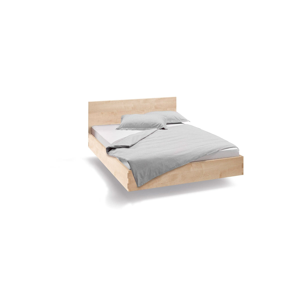 NAP, schwebendes Bett aus massivem Holz, hier in Ahorn 90x200 cm mit hoher Rückenehne.
