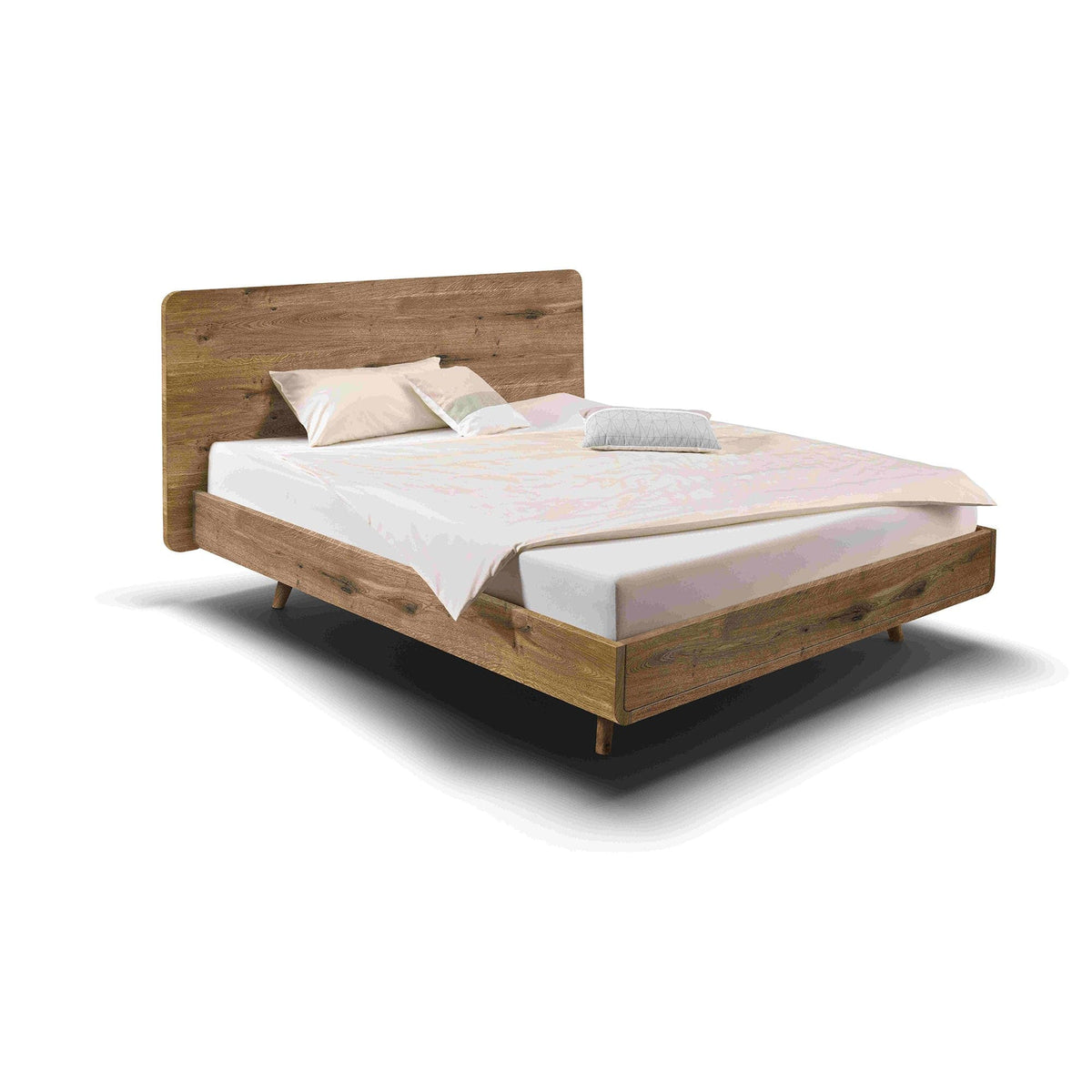 Bett TALOS aus Wildeiche mit hohem Holzkopfteil im Boxspring Look.
