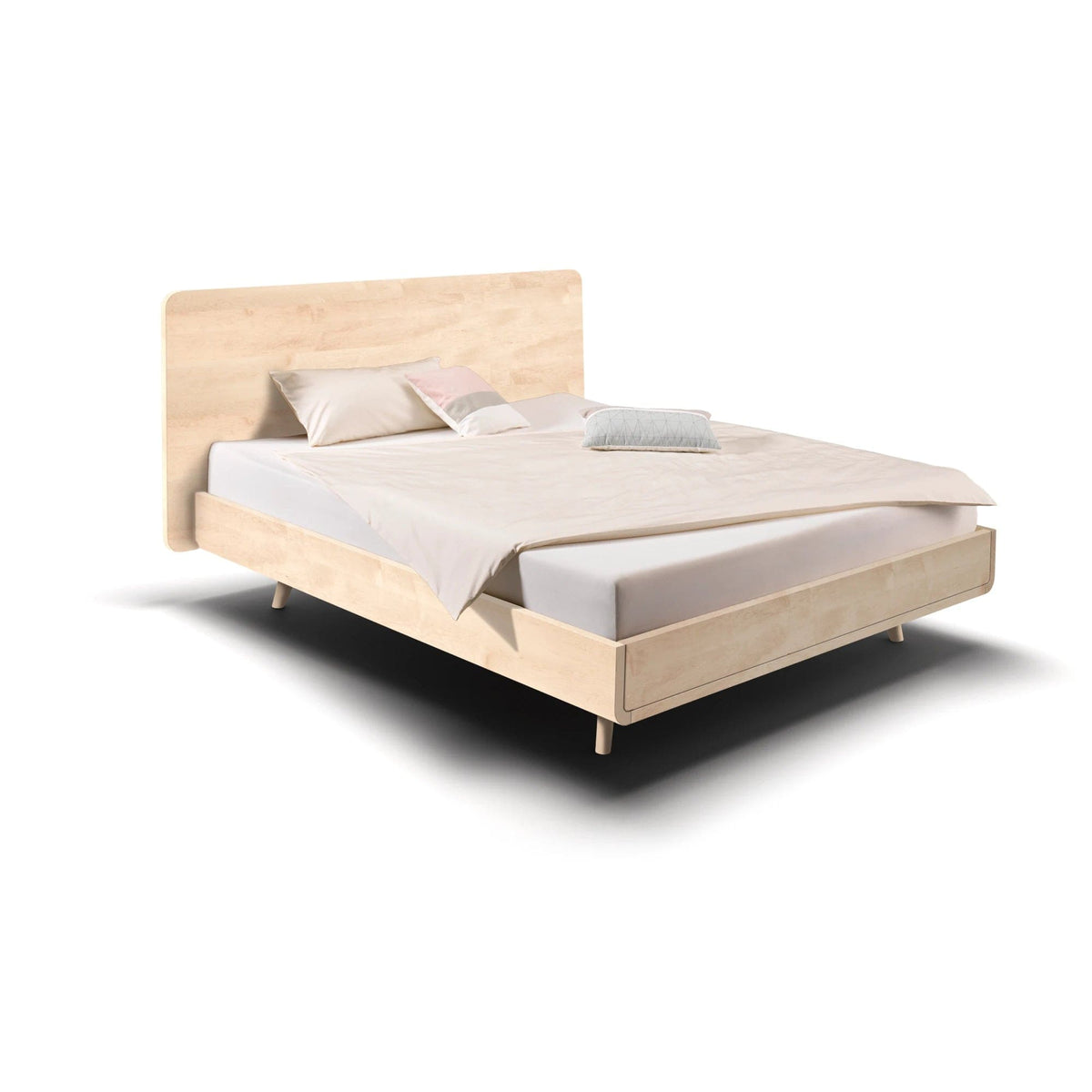 Bett TALOS aus massivem Ahorn mit hohem Holzkopfteil im Boxspring Look.