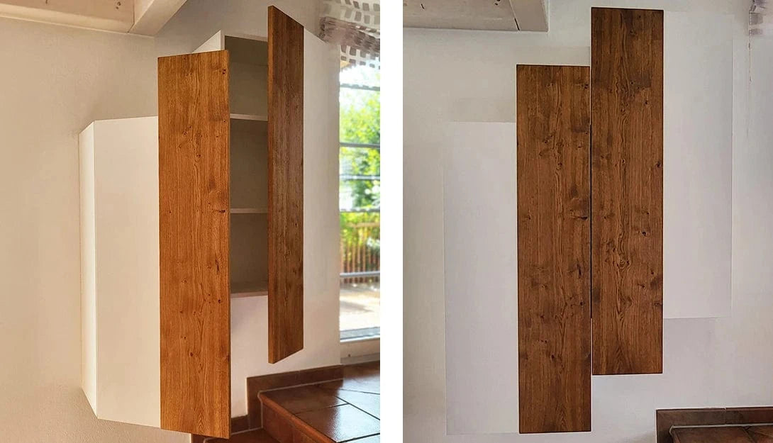 Geschirrschrank mit massiver Wildeiche-Front über der Treppe zwischen Esszimmer und Küche aus unserer Schreinerei