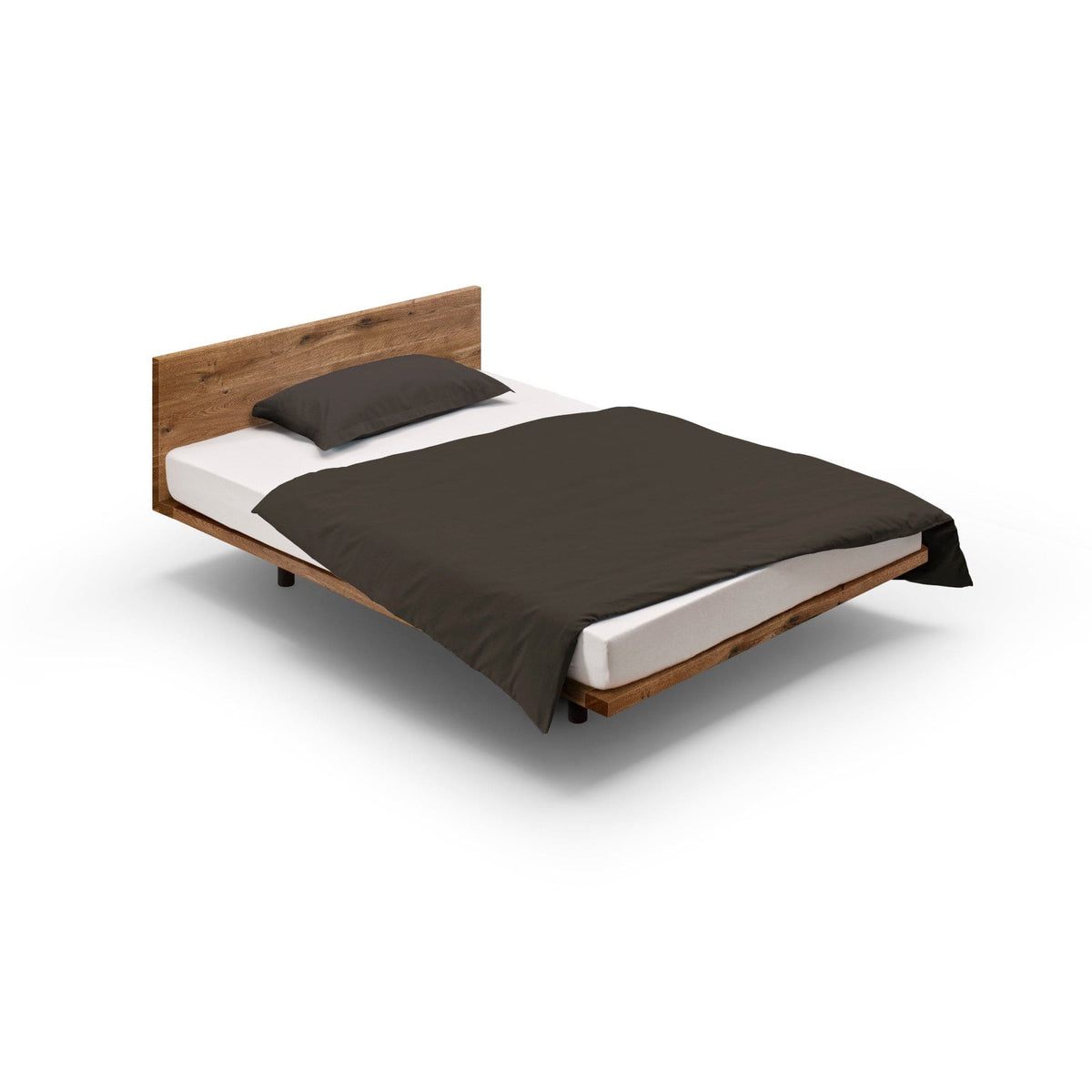 Massivholzbett SWING der Holzmanufaktur: Schwebendes Design Bett 140x200 cm aus Wildeiche mit Holzrückenlehne.